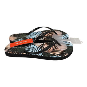 Joe Fresh Flip Flop Sandals Womens Size 6 Black Palm Leaf Print Shoes Beach